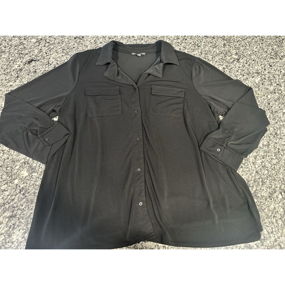 Adrianna Papell 2X Black Button Front Blouse Flap Pockets Long Sleeve